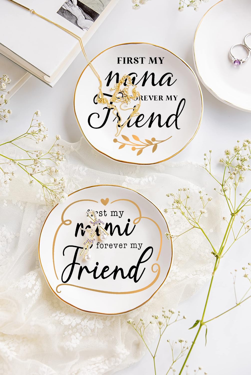 COLLECTIVE HOME - Bandeja de cerámica para joyas, regalo para abuela Mimi Nana, plato decorativo para joyas, anillos, aretes, collares, pulseras, relojes y llaves (first my mimi forever my friend)