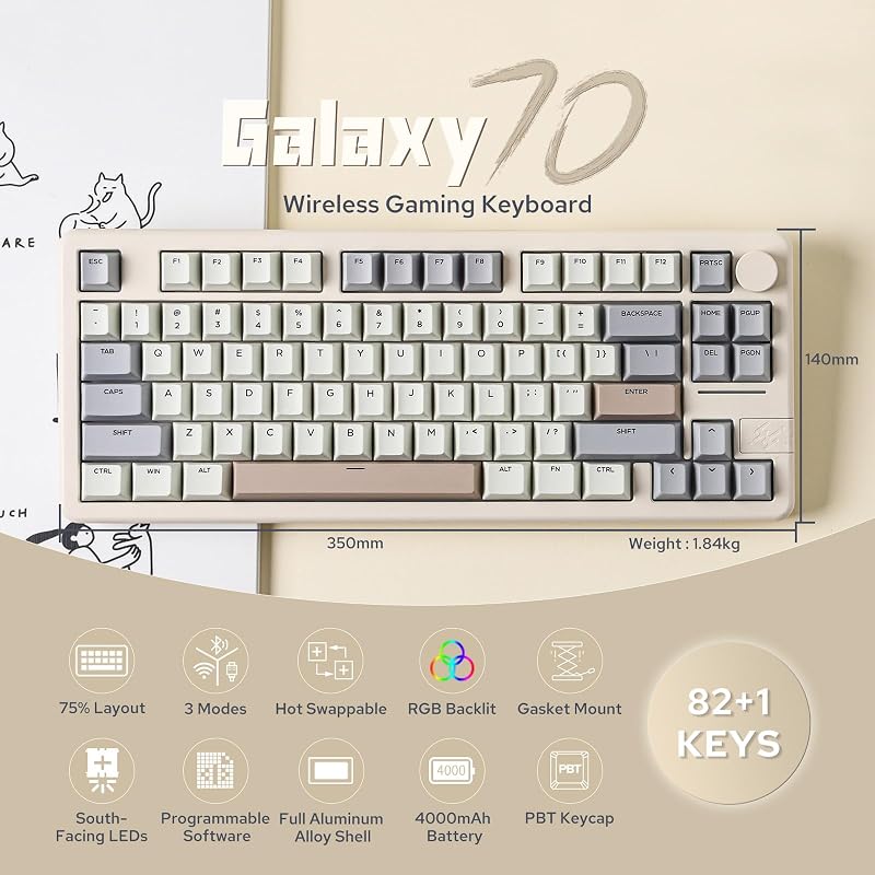 EPOMAKER Galaxy70 Aluminium Mechanikus Gaming Billentyűzet 75% Wireless Bluetooth RGB