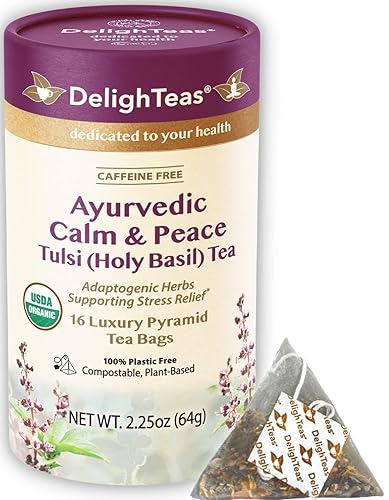 DelighTeas Tulsi - Té de albahaca sagrada Bolsas de té pirámide ecológicas Tulsi ayurvédico, mezcla adaptógeno Ashwagandha USDA orgánico, sin
