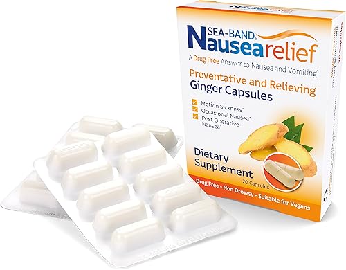 Sea-Band Cápsulas de jengibre antináuseas para el mareo por movimiento y alivio de las náuseas