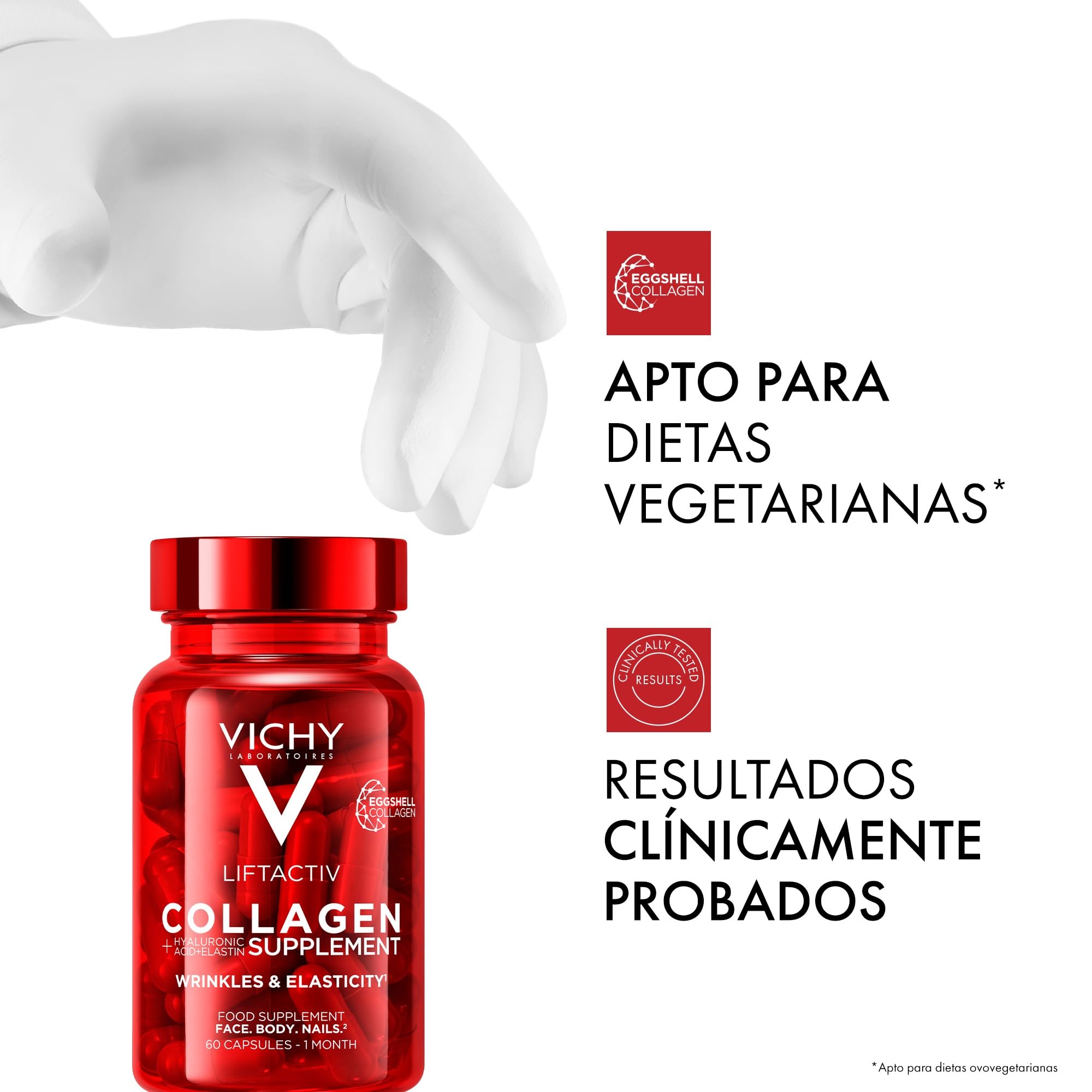 Vichy Liftactiv Suplemento de Colágeno para suavizar la apariencia de las arrugas, tonificar el cuerpo y reafirmar las uñas, para hombres y mujeres, 60 cápsulas.