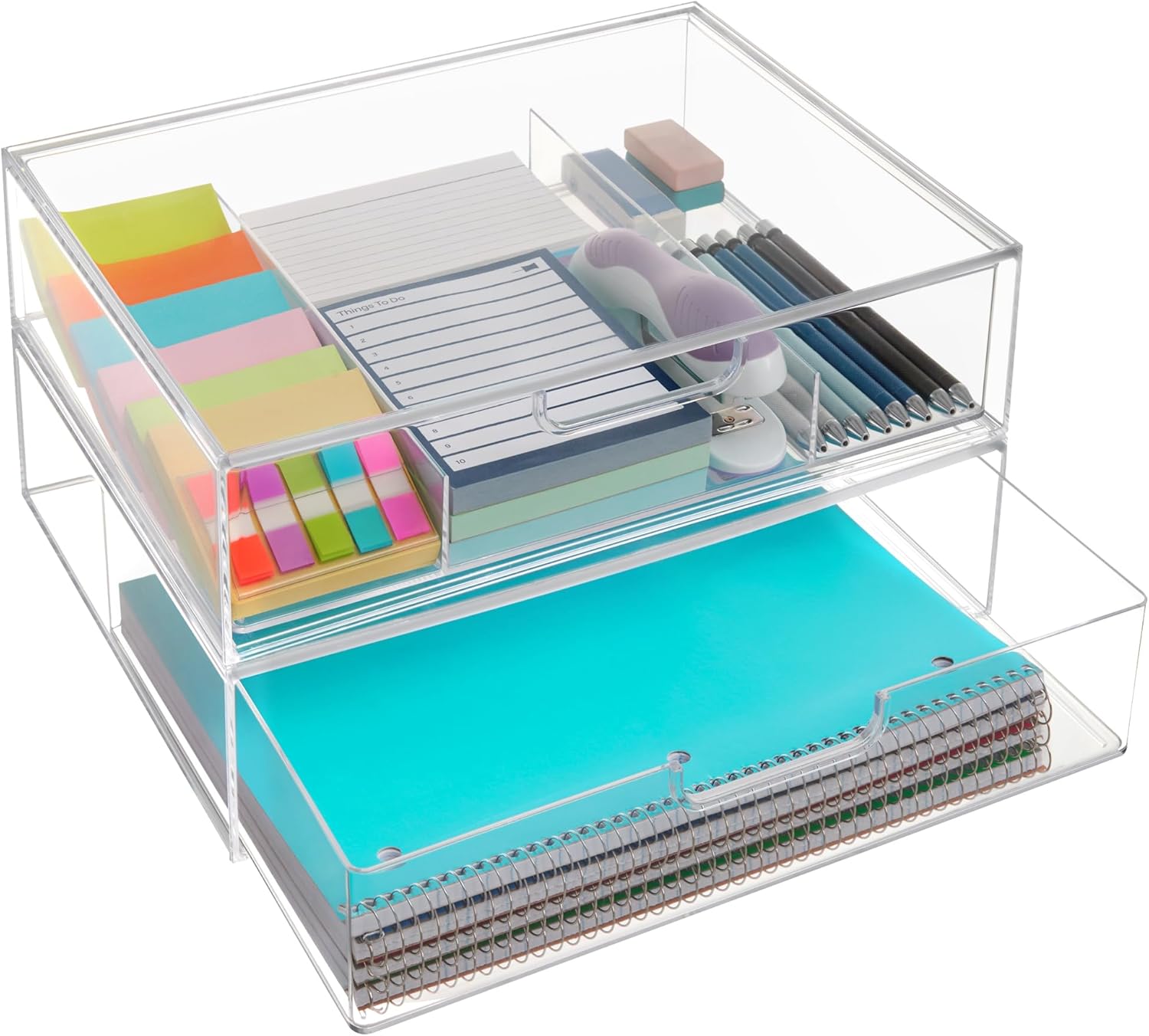 STORi STAX Plastic Stackable Organizer Drawers (Set of 2) Clear | 12.5" Wide | Set Includes One Open Drawer & One Divided Drawer | Organize Office Desk Accessories & Sort Paper | Made in USA Clear Open/Divided 2pk