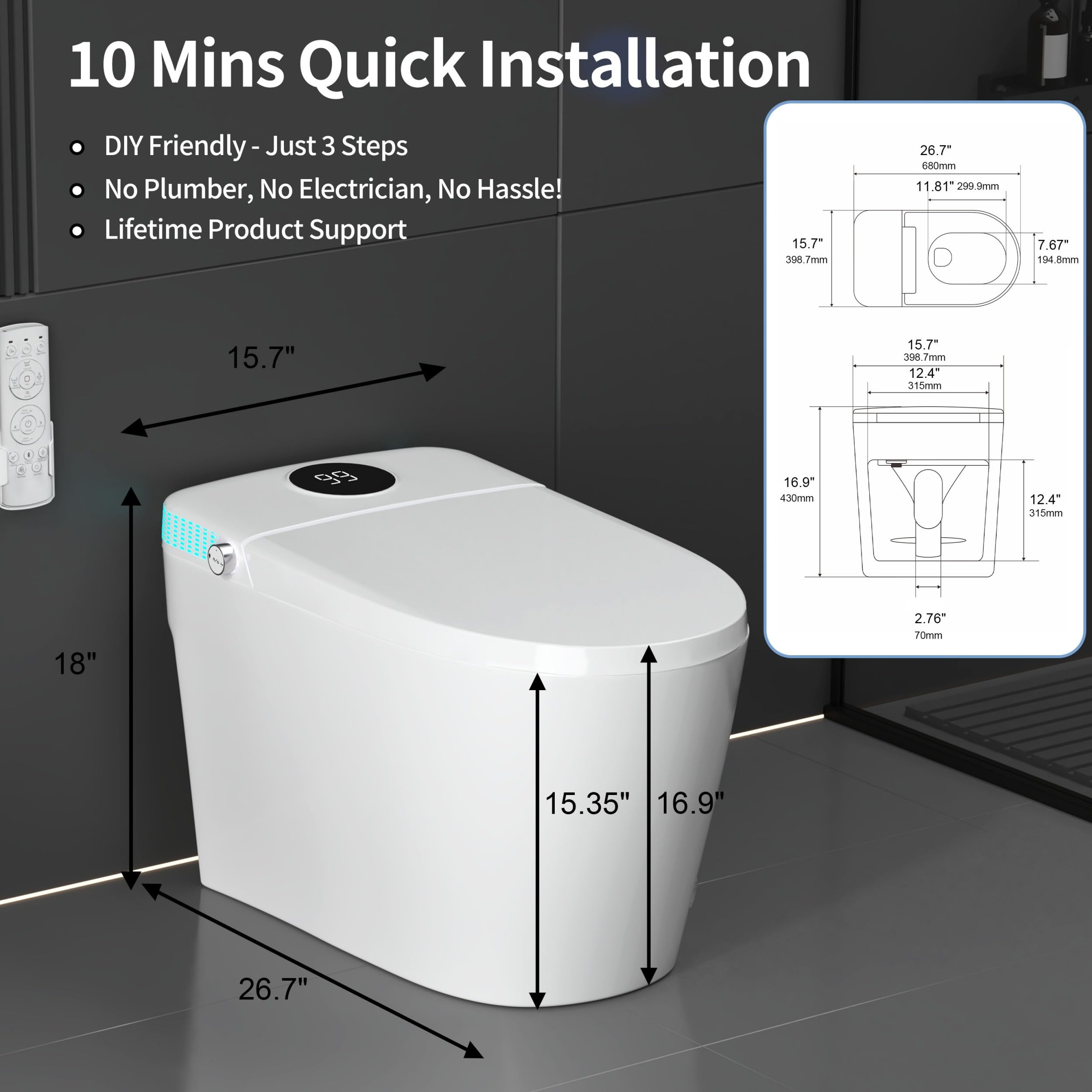 Tankless Smart Toilet with Integrated Bidet One Piece Elongated Intelligent Toilet with Heated Seat Child Mode Foot Kick — view 9