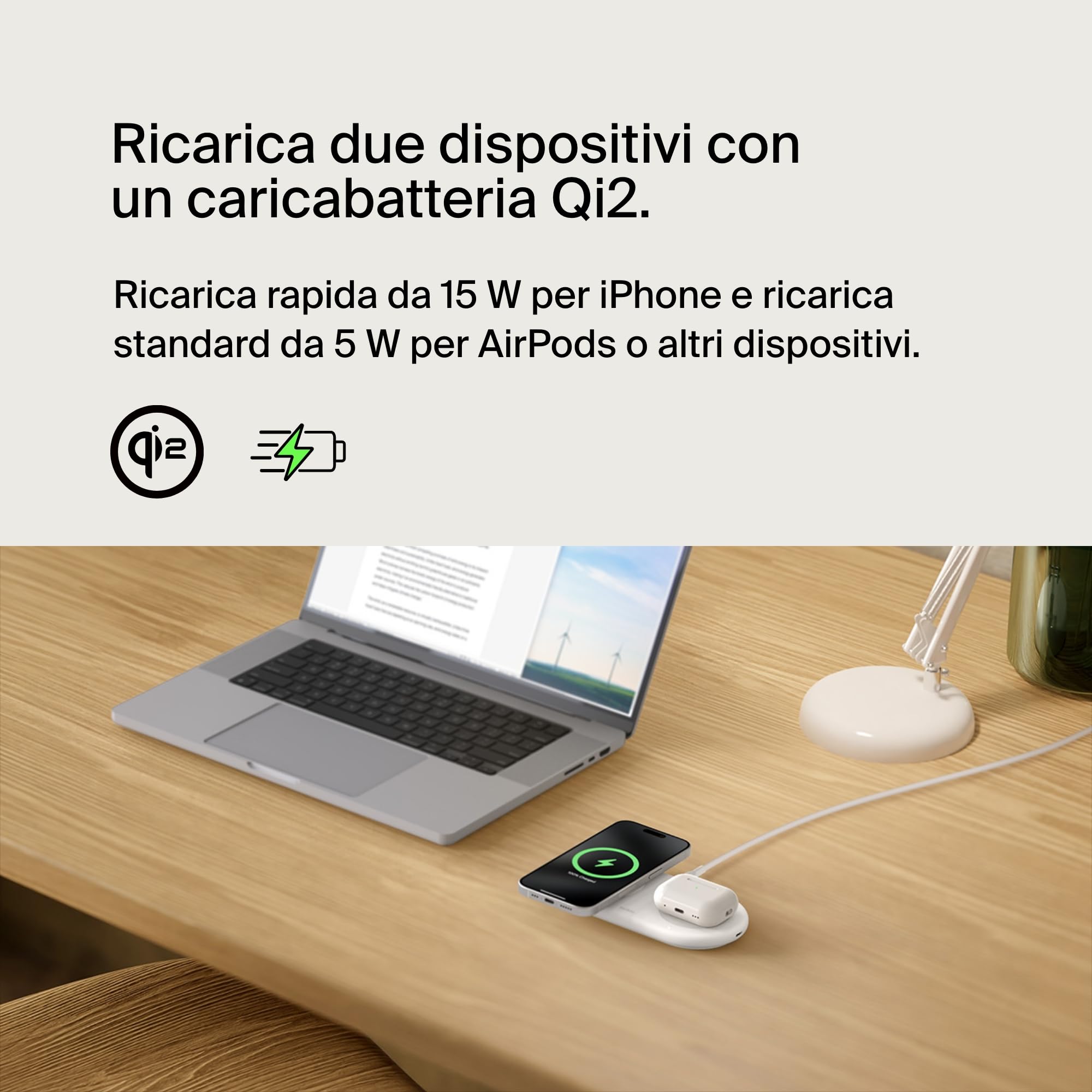 Belkin BoostCharge Pro Tappetino di Ricarica Wireless 2 in 1 con tecnologia magnetica Qi2 15W, Caricabatteria wireless rapido per iPhone 17, Air, Pixelsnap, AirPods e dispositivi MagSafe - Bianco