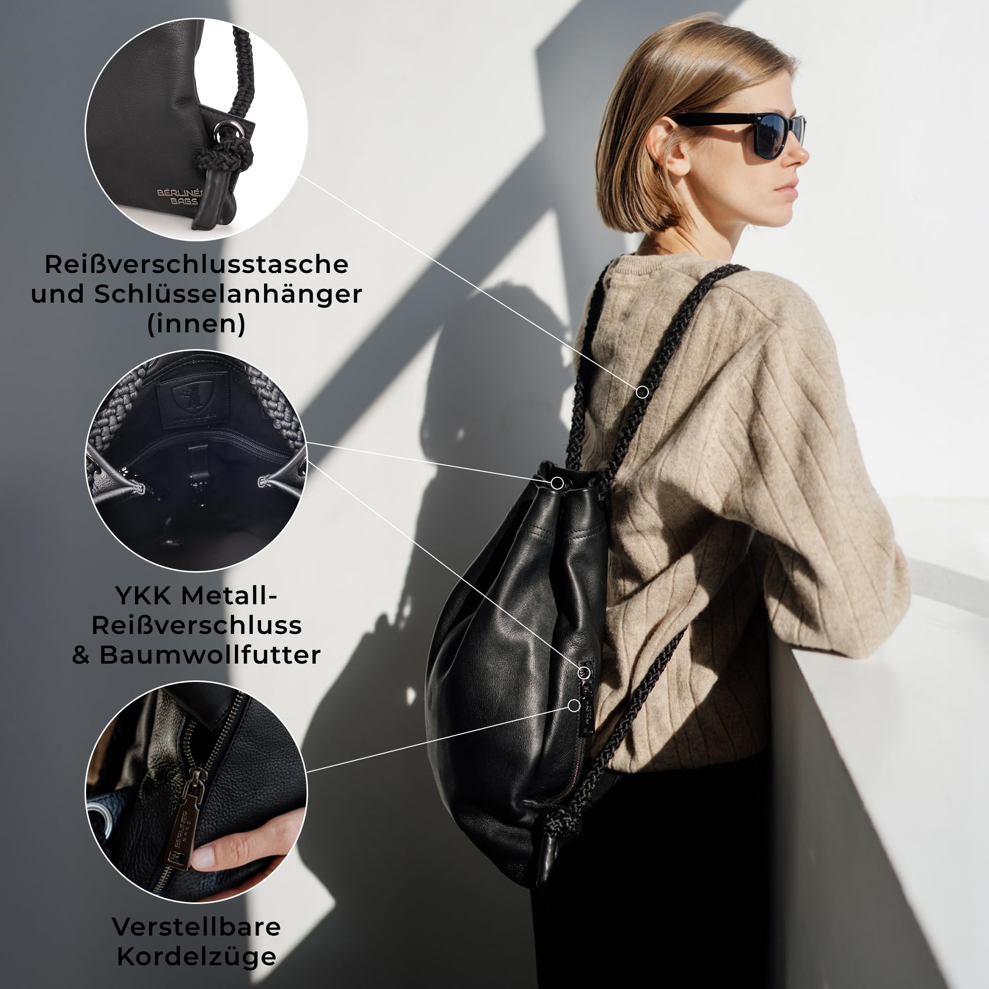 Berliner Bags Premium Turnbeutel Gym Bag aus Leder, Sportrucksack mit Kordelzug für Damen und Herren - Schwarz