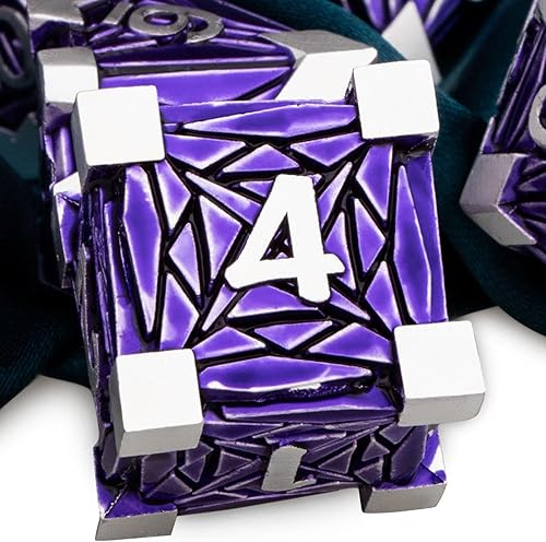 Miniatura 1 de ARUOHHA DND - Juego de dados de metal con fragmentos de cristal, dados D&D con caja de regalo, 7 dados poliédricos plateados y morados, juego de rol