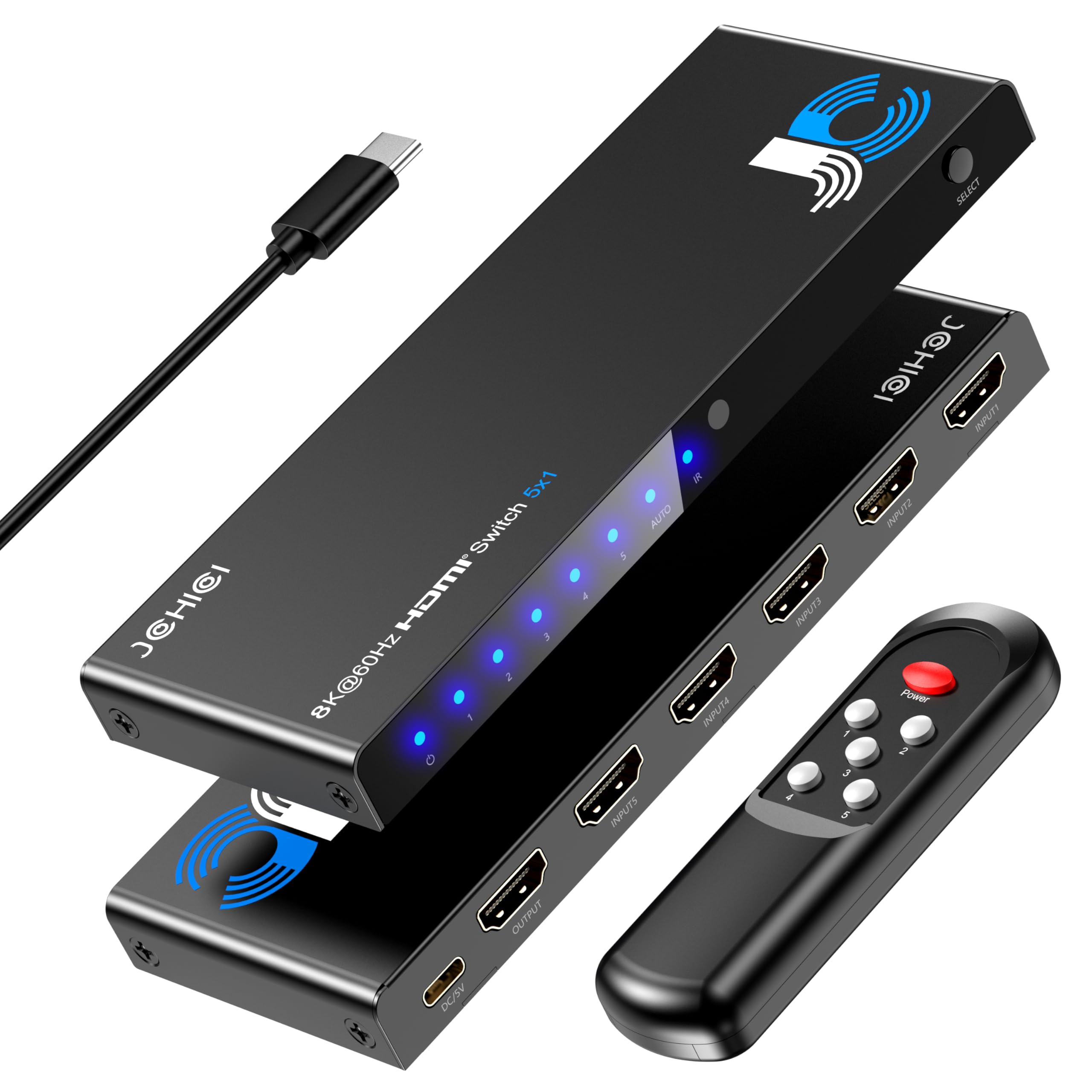 「8K安定版」 HDMI 切り替え器 5入力1出力 8K@60Hz/4K@120Hz/1080P@240Hz HDMI切替器 JCHICI HDMI2.1セレクター リモコン付き HDCP 2.3 HDR 3D対応 選べる自動・手動切替機能 【PS3/PS4/PS5/Switch動作確認済み】全ポートCEC対応 日本語説明書とUSB電源ケーブルが付属