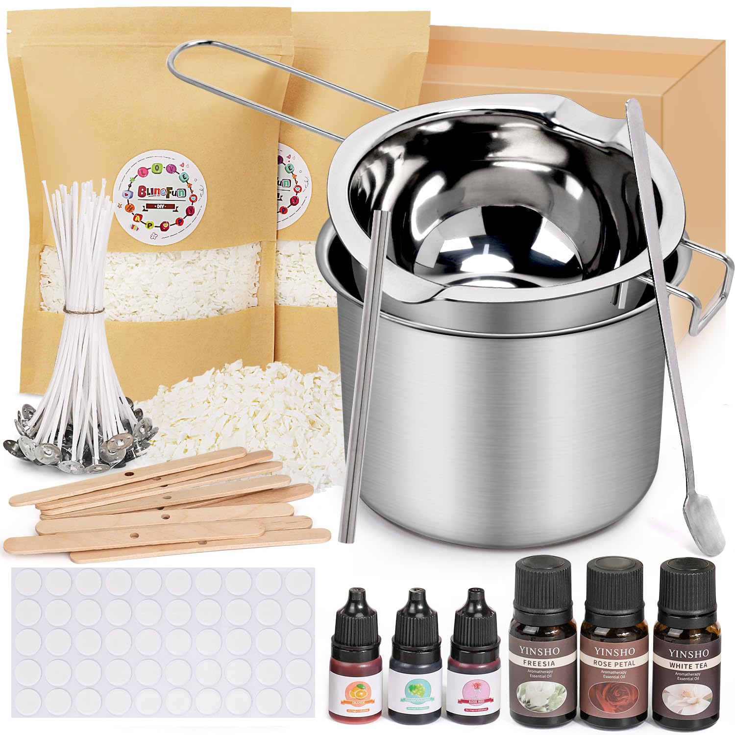 Kit Complet pour Fabriquer des Bougies en Cire de Soja - 920g de Cire Naturelle + Huiles Parfumées, Colorants & Accessoires - Idée Cadeau DIY - Incl. Pot de Fusion, Mèches, Bâtonnets