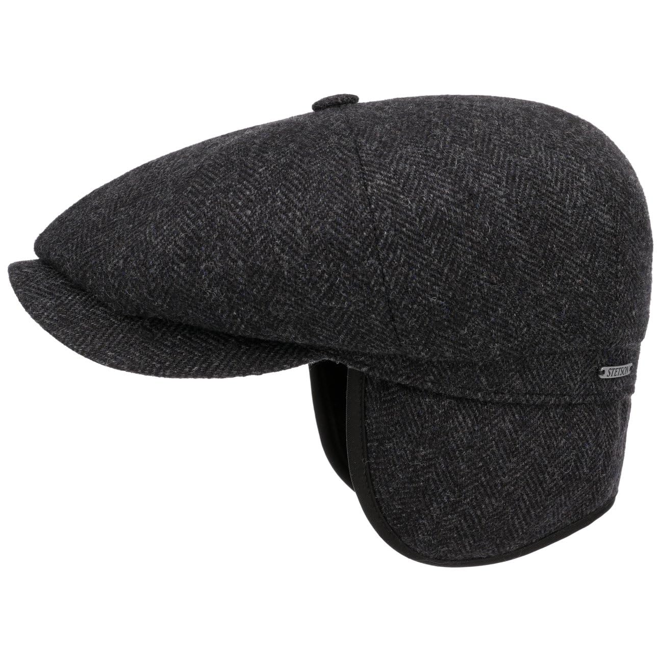 Stetson Hatteras Classic Ear Flaps Flatcap Schirmmütze Fischgrätmuster Wollcap Ohrenschutz Made in EU Herren Herbst Winter