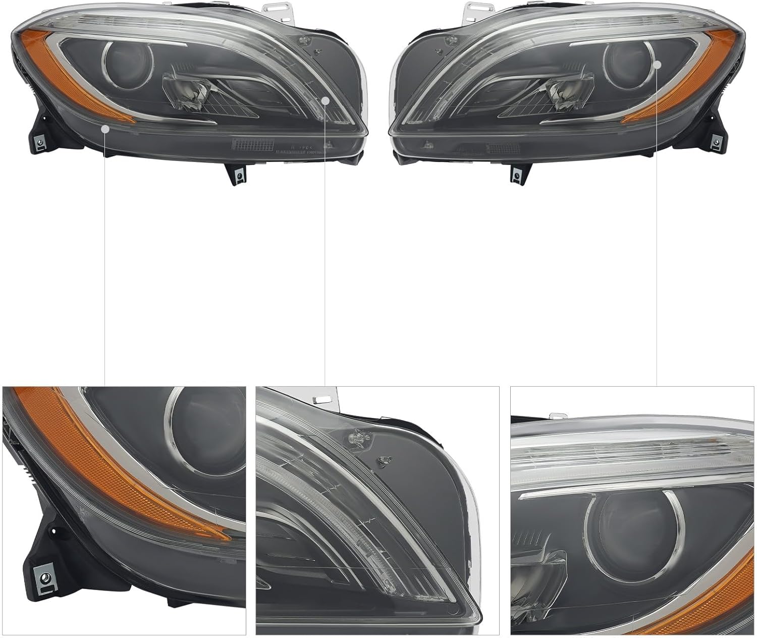 For 2012-2015 Mercedes Benz W166 ML350/ML63 AMG Headlight Assembly, Complete Pair Left+Right Headlights Direct Replacement with OEM Part# A1668207659/A1668205959 (Left + Right Headlight)