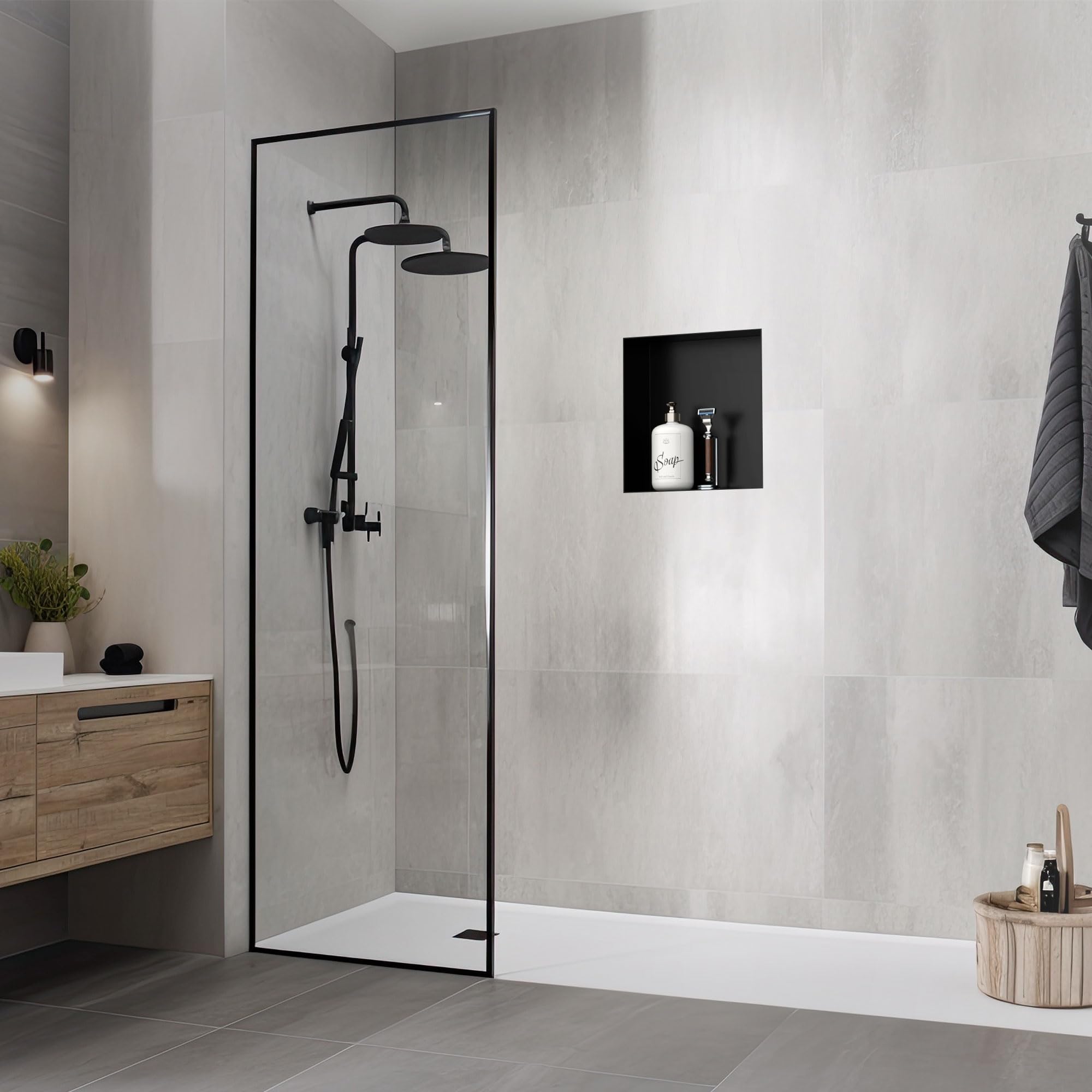 LuxeBath Nicho de Ducha de Acero Inoxidable 30x30x10cm cm Negro Marco de Pared Empotrado Alicatable Estante Integrado Instalación Flexible para Almacenamiento Organizador de Utensilios para Baño