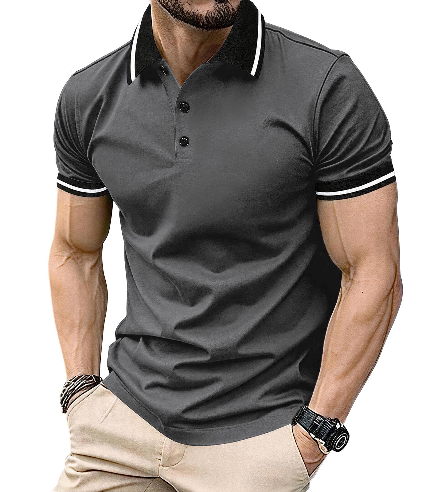 Homme Polo Manches Courtes Couleur de Contraste Polo Shirts Golf Polo T-Shirt Été Regular Fit M-4XL
