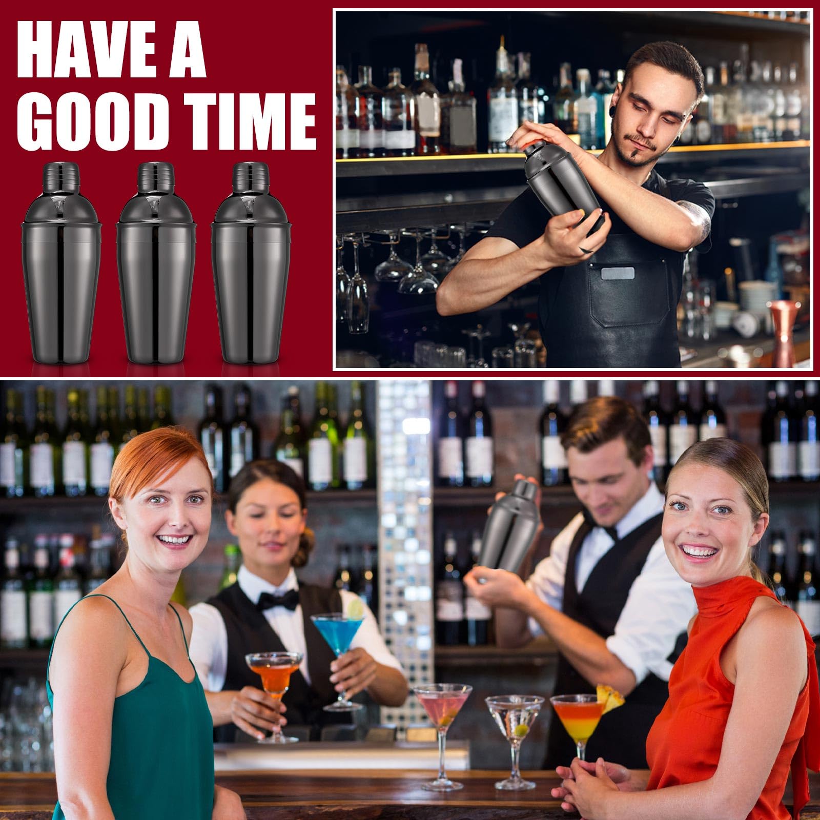 Nitial 6 shaker per cocktail da bar, professionale in acciaio inox, con filtro integrato, per barista, senza perdite, per bar e feste, strumento per mescolare bevande (530 ml, nero)