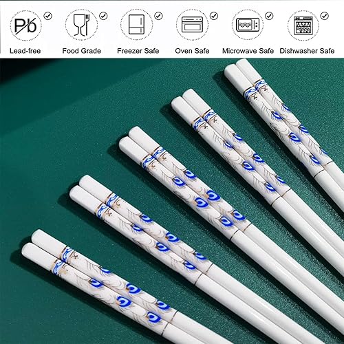 Miniatura 7 de 10 pares de palillos de cerámica con patrones de plumas, palillos de porcelana china de alta calidad de 9.72 pulgadas con caja delicada, fáciles de