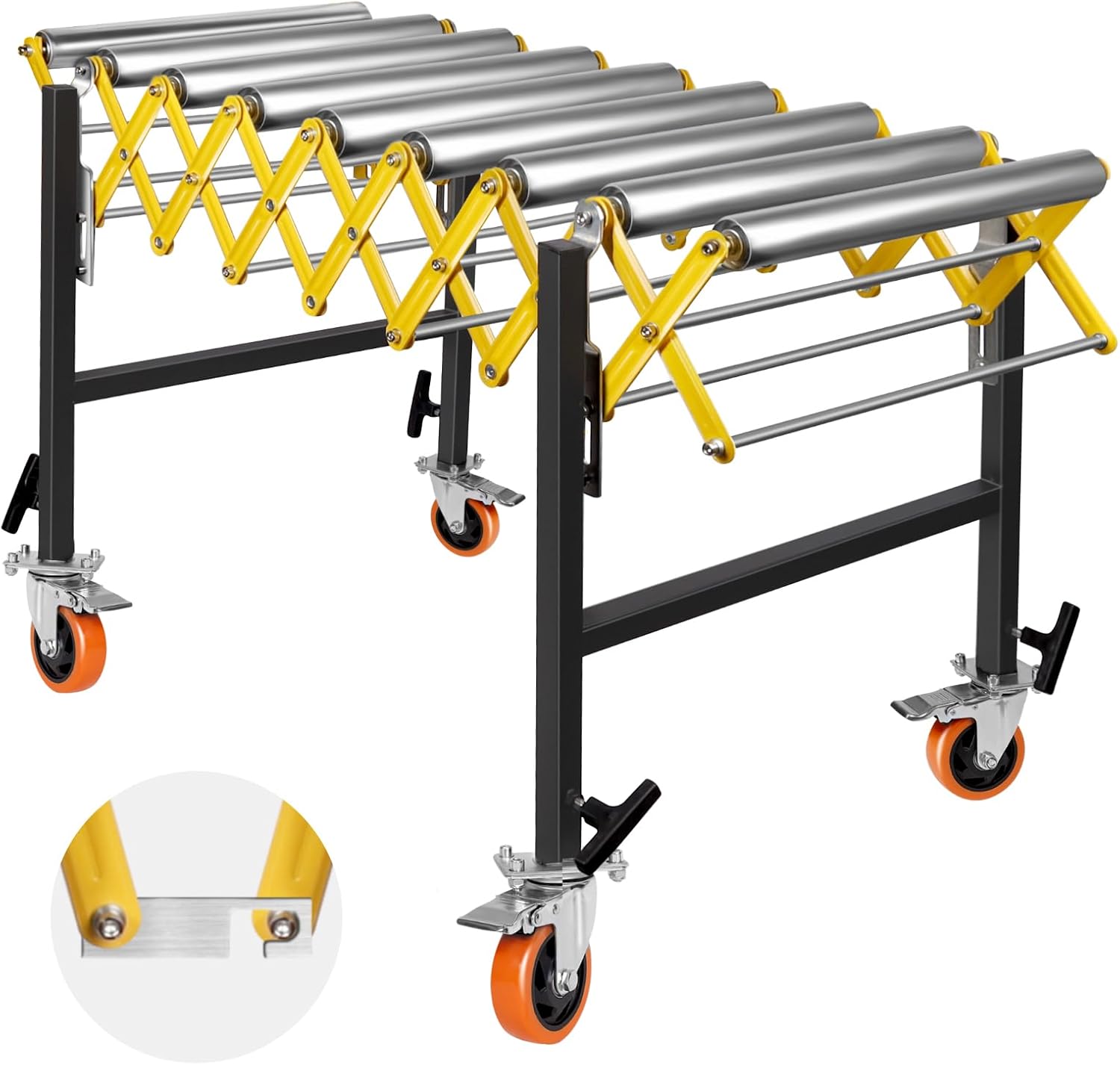 880 LBS Adjustable Conveyor Roller Length 23.5''-52'' Height 30''-50'' Expandable Conveyor Roller with Wheels, Stainless Steel 23.4'' Wide Roller Conveyor Belt for Woodworking Planer Warehouse