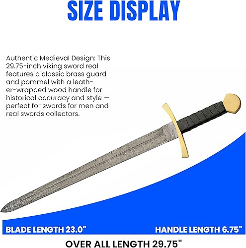 Miniatura 2 de 30" mango envuelto en cuero Damasco acero medieval réplica amplia espada con funda