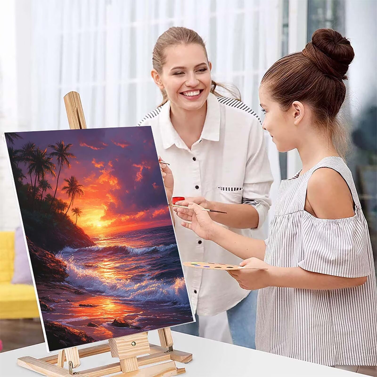 Sonnenuntergang Malen Nach Zahlen Erwachsene mit Rahmen, Malen Nach Zahlen Landschaft, DIY Bastelset Erwachsene, Handgemalt Ölgemälde Kit mit Pinseln und Acrylfarbe, Deko Wohnzimmer 90x120cm V-4576