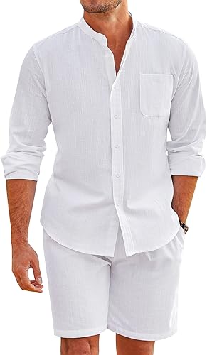 COOFANDY Conjuntos de lino para hombre 2 piezas camisa con botones manga larga y casual para playa con cordón pantalones cortos de verano