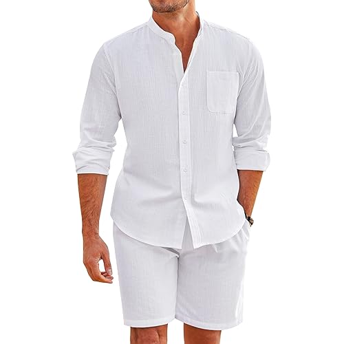 COOFANDY Linen Sets For Men 2 Piece Button Down Shirt Long Sleeve and Casual Beach Drawstring Waist Shorts Summer Outfits
