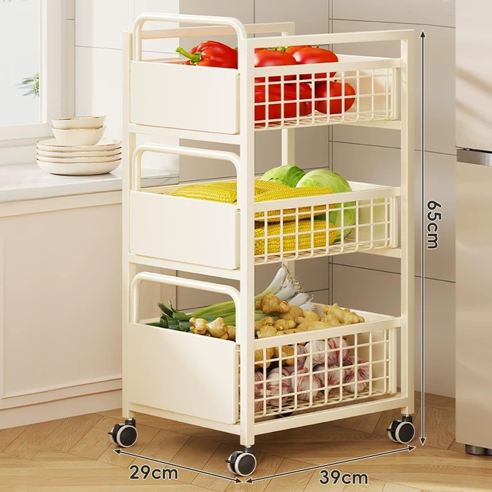 Magazzinaggio Carrello for verdure con rotelle a 3 livelli, organizer mobile for ripiani for frutta e verdura da cucina(Nero,Piccolo)