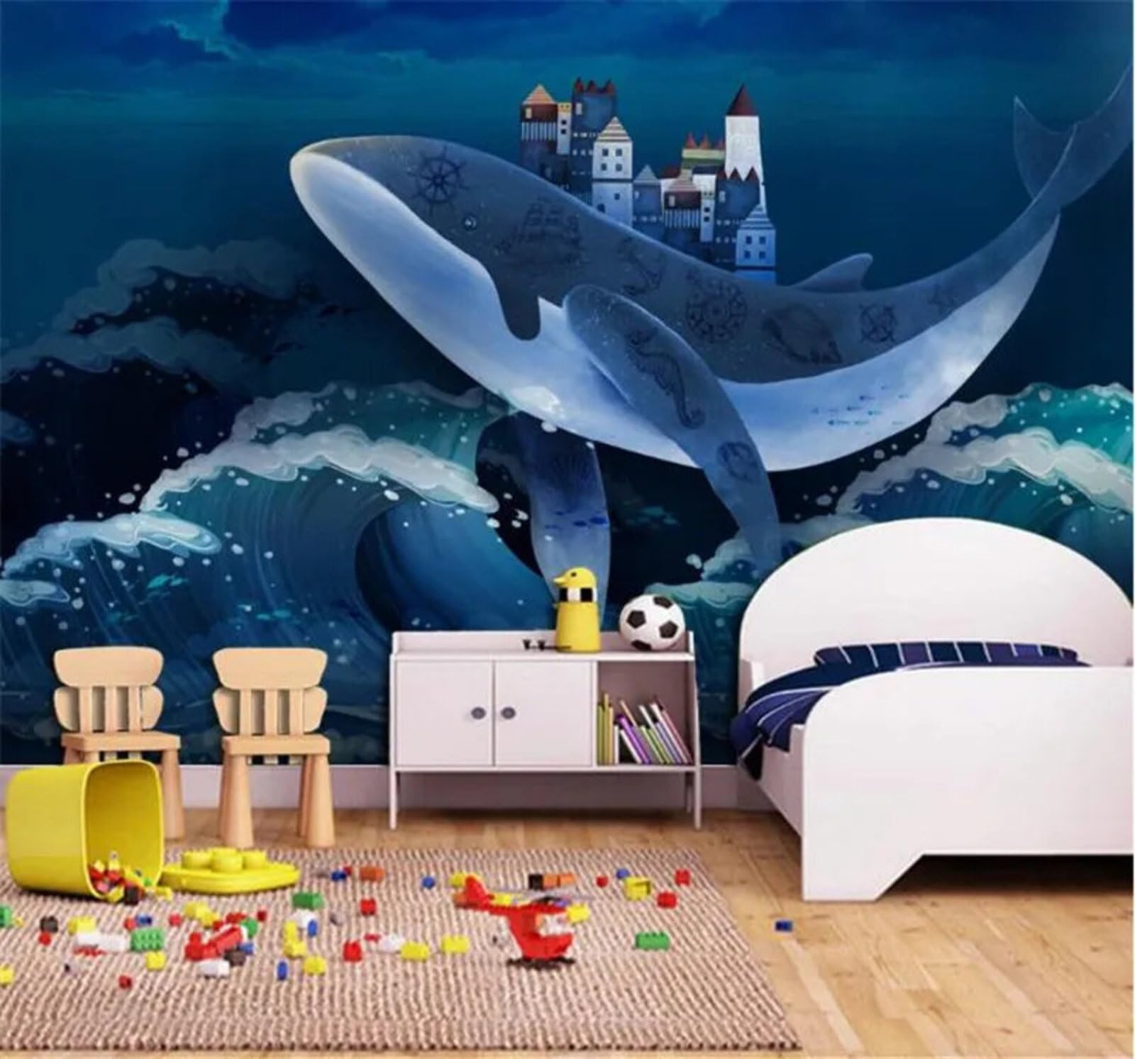 Xlming 350Cm×256Cm(B×H) Cartoon Dreamy Whale House Ocean 3D Wallpaper Silky Texture Home Study Office Grey Dining Room Sofa Bedroom Living Room Tv Backdrop-350Cm×256Cm