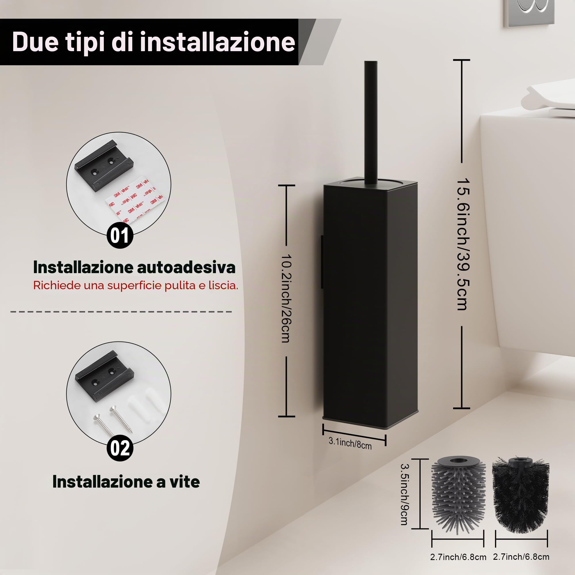 BVL Scopino Bagno WC da Parete Nero, Scopino WC Silicone Adesiva Senza Foratura, Incluse 2 Testine, Spazzolone Bagno WC in Metallo Quadrato