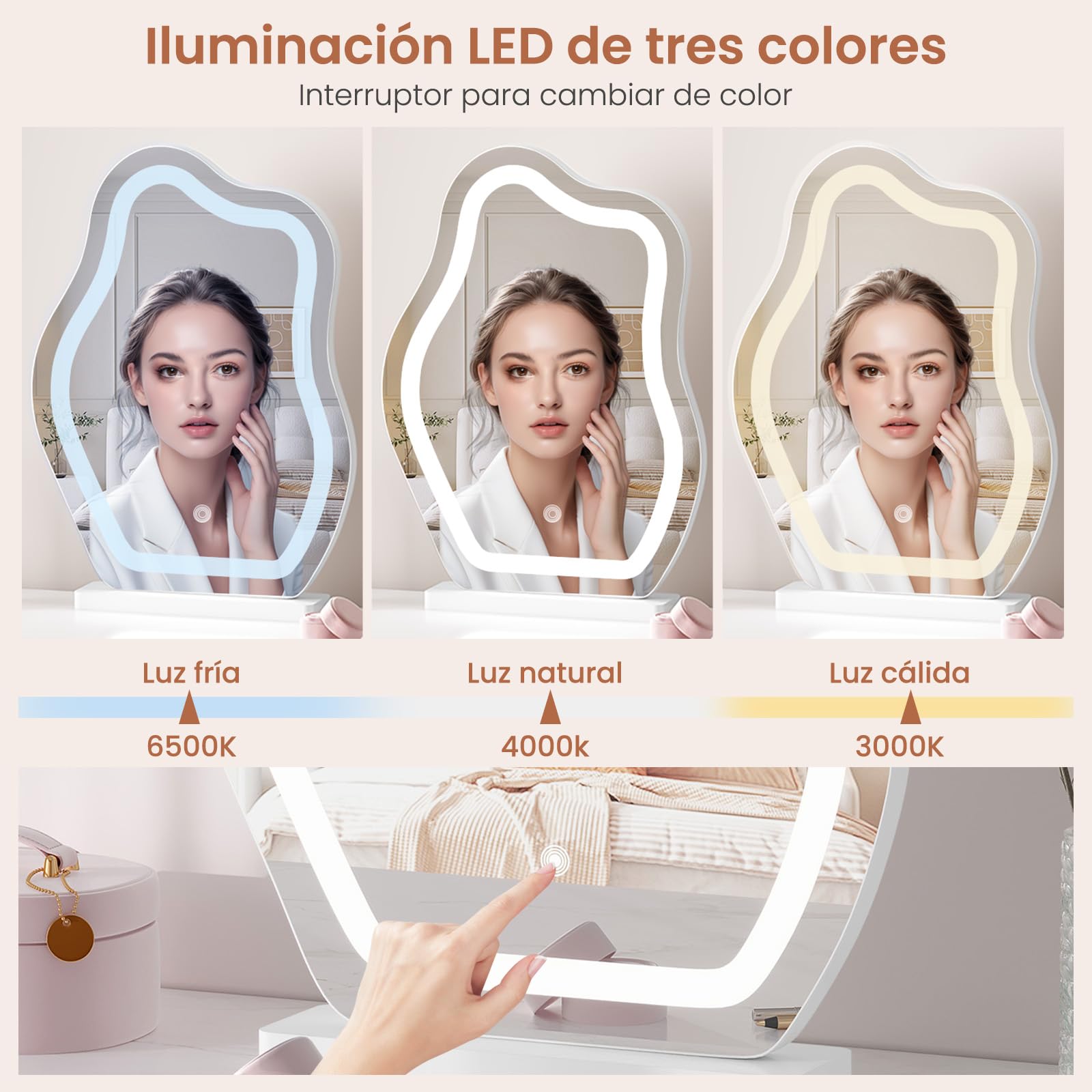WOLTU Espejo Maquillaje con luz 53x39 cm Espejo tocador con luz diseño Nube Espejo con luz LED para Maquillaje y Cuidado Personal portátil Ideal para Dormitorio y baño