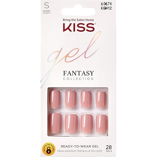 KISS Gel Fantasy Press On Nails, Nail glue included, 'Ribbons', Pink, Short Size, Squoval Shape, Includes 28 Nails, 2g glue, 1 Manicure Stick, 1 Mini File