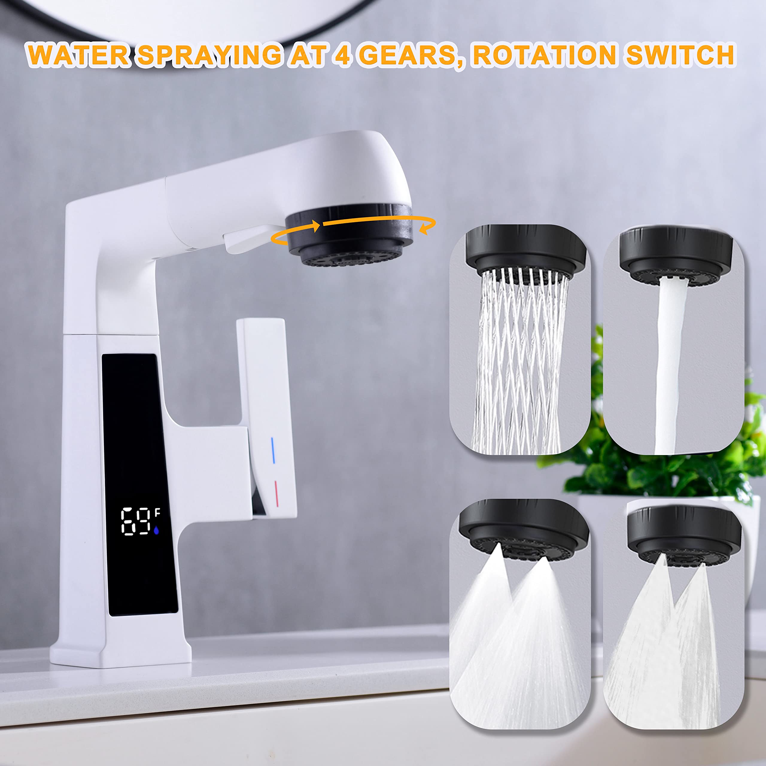 Inteligentna bateria umywalkowa LED z wyciąganym opryskiwaczem, cyfrowy wyświetlacz temperatury LED, bateria umywalkowa, 5 trybów przepływu wody z obrotową wylewką 360°, mosiężny pojedynczy