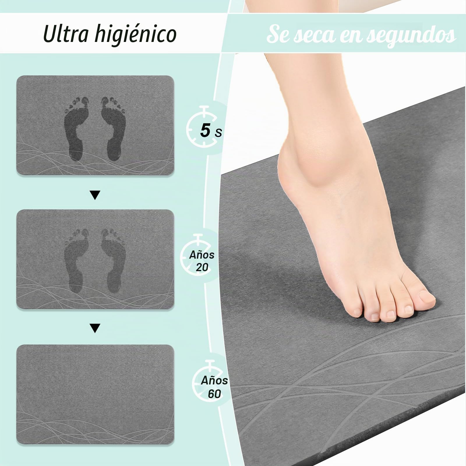Alfombrilla de baño de piedra muy absorbente, alfombrilla de baño de piedra, 60 x 39 cm, antideslizante, de secado rápido