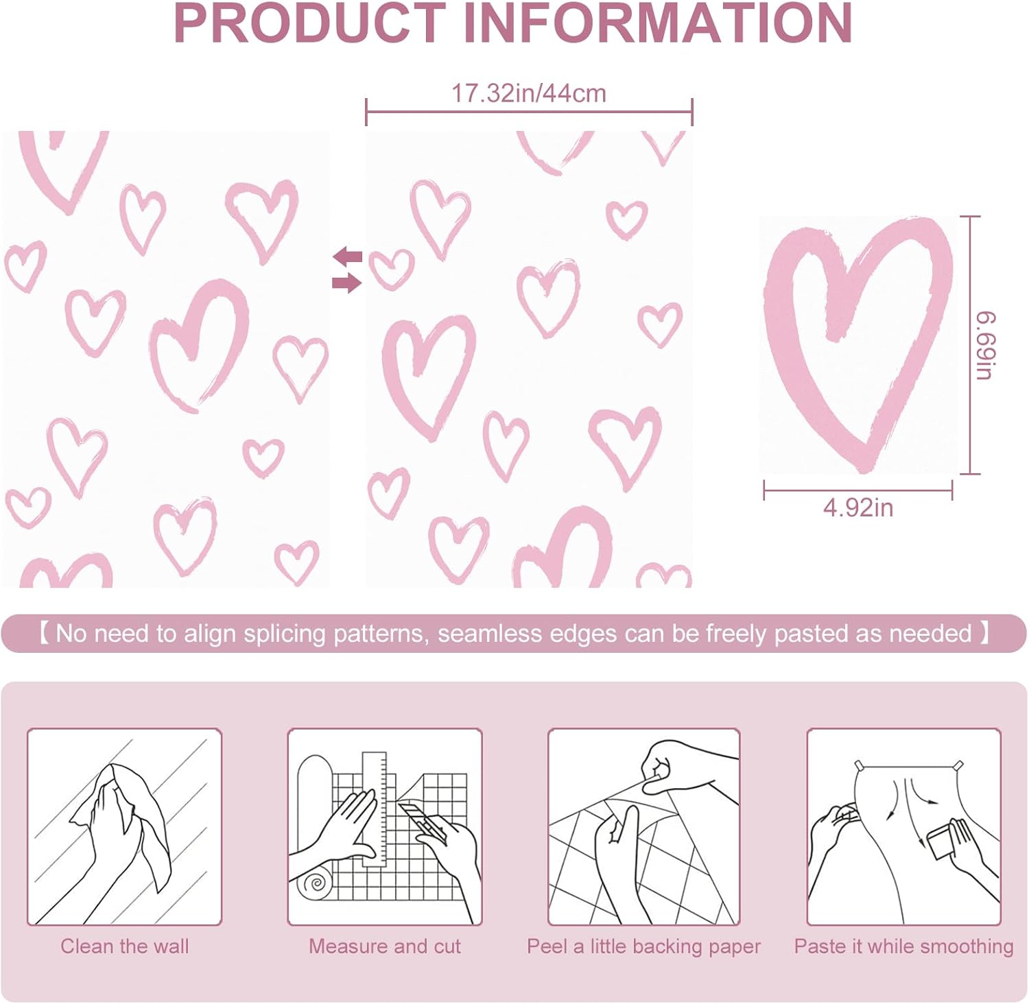 SOON AFTER White and Pink Contact Paper Heart Peel and Stick Wallpaper A Set of 17.3"x480" Modern Removable Wall Paper Self Adhesive Waterproof Wallpaper for Bedroom Kids Room Nurseryls