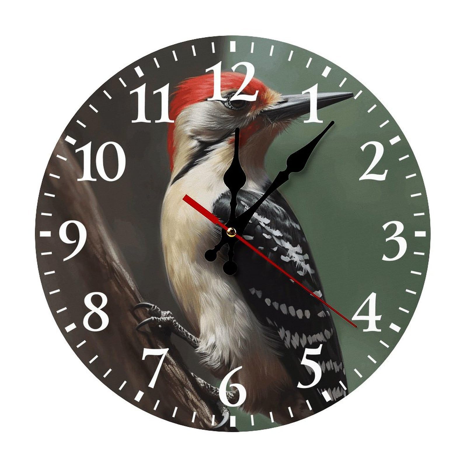 QMNLKH Woodpecker Wall Clock for Home, Battery Operated Clock for Hotel, Round Wall Clock with Arabic Numerals White, Easy to Read, Non-Ticking Clocks for Living Room 25 * 25cm