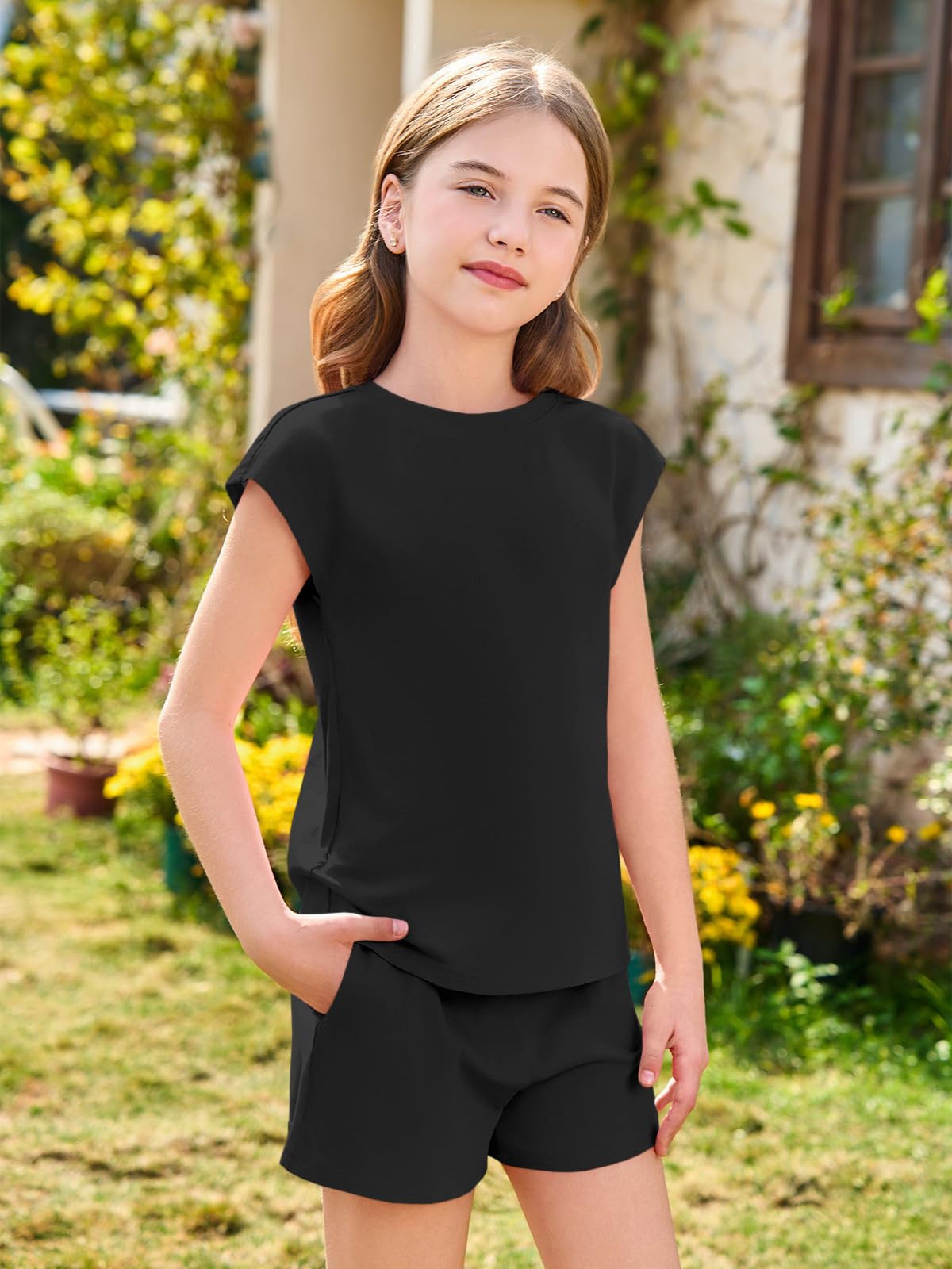 Haloumoning Conjuntos de ropa de verano para niña, informal, manga corta, camiseta con pantalones cortos elásticos, monocolor - 4