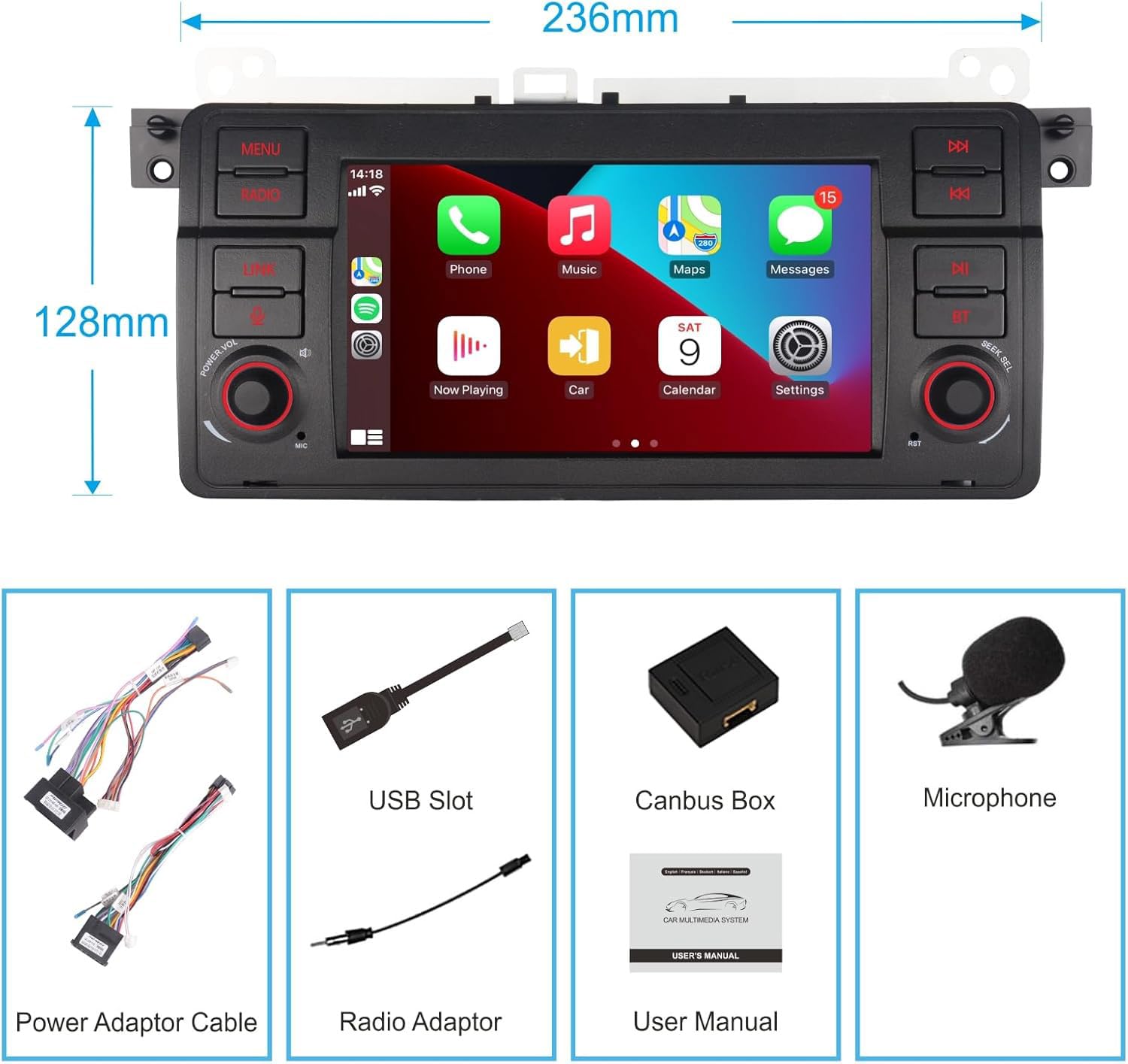 Autoradio pour BMW E46 Compatible avec sans Fil Carplay Android Auto avec 7 Pouces IPS Écran Tactile Bluetooth/FM/AM/Mirror Link/USB/EQ