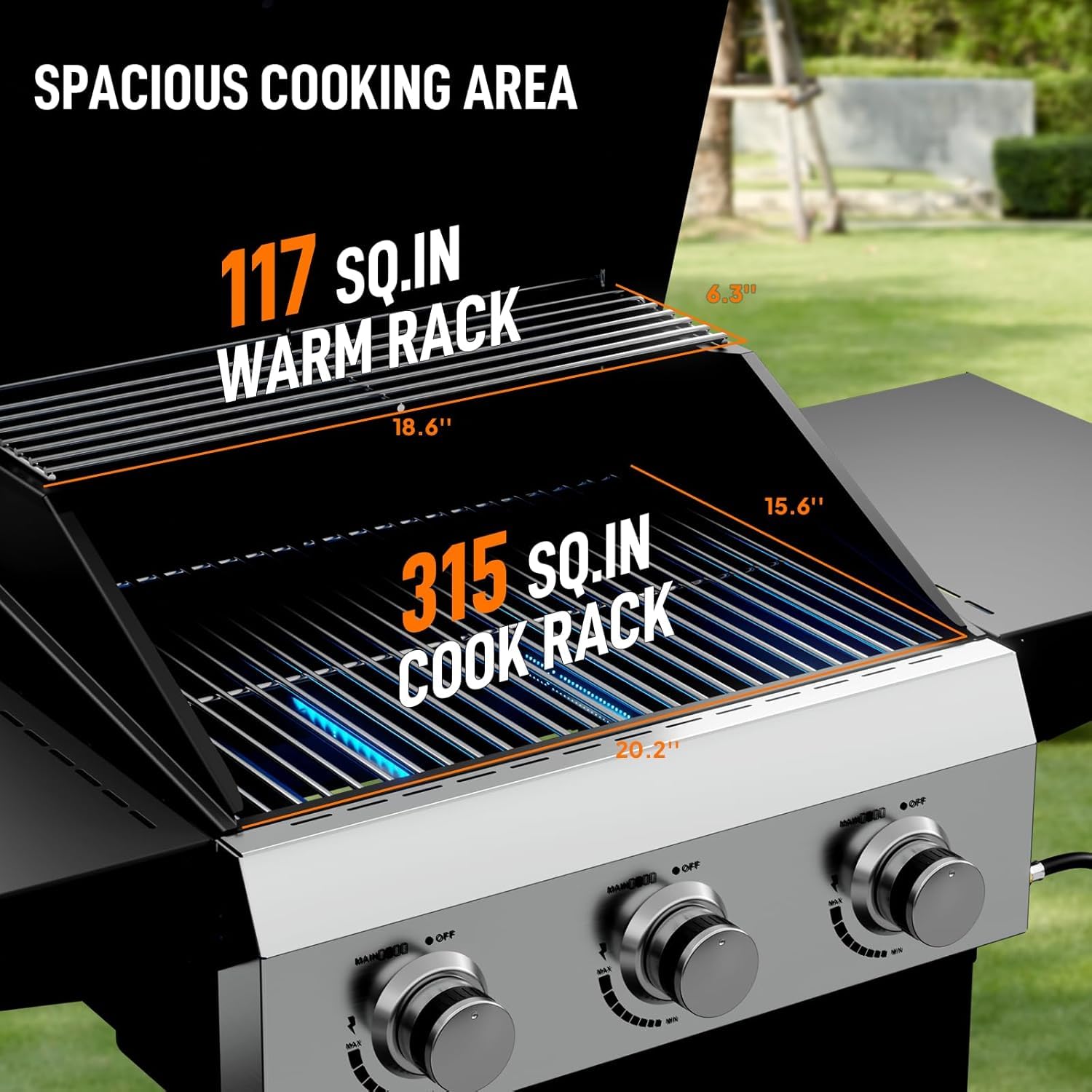 Gasgrill 3 Brenner, Camping Gasgrill 10,5 kW, Grillwagen mit Deckel & 50-mbar-Druckminderer, Gas Grill geeignet für Camping und Grillabende im Garten