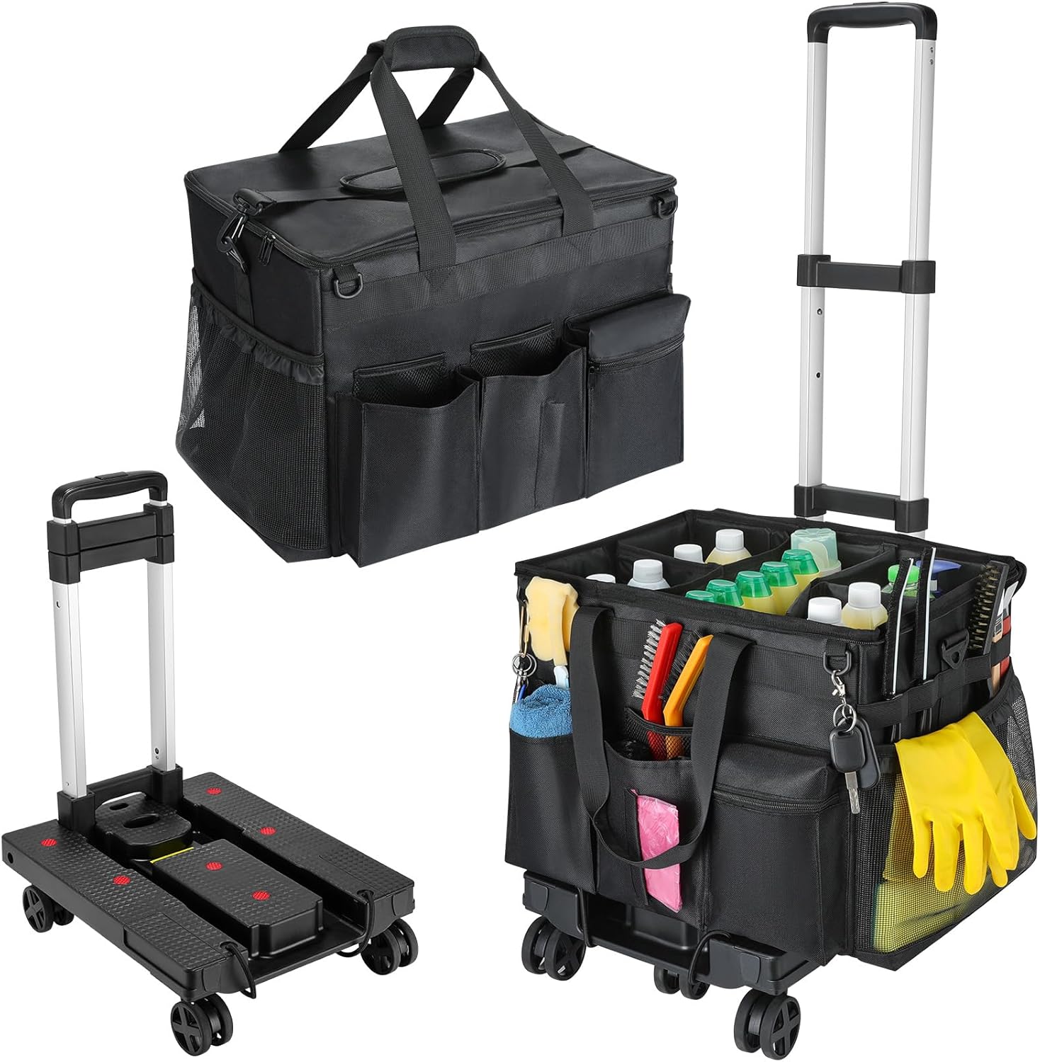Extra Large Rolling Cleaning Caddy Bag with Detachable Trolley, Upgraded 360° Free Rotating with 5 Wheels and Dust-Proof Lid, Professional Cleaning Supplies Bag for Housekeepers, Black Extra Large Rolling Cleaning Caddy Bag with Detachable Trolley, Upgraded 360° Free Rotating with 5 Wheels and Dust-Proof Lid, Professional Cleaning Supplies Bag for Housekeepers, Black