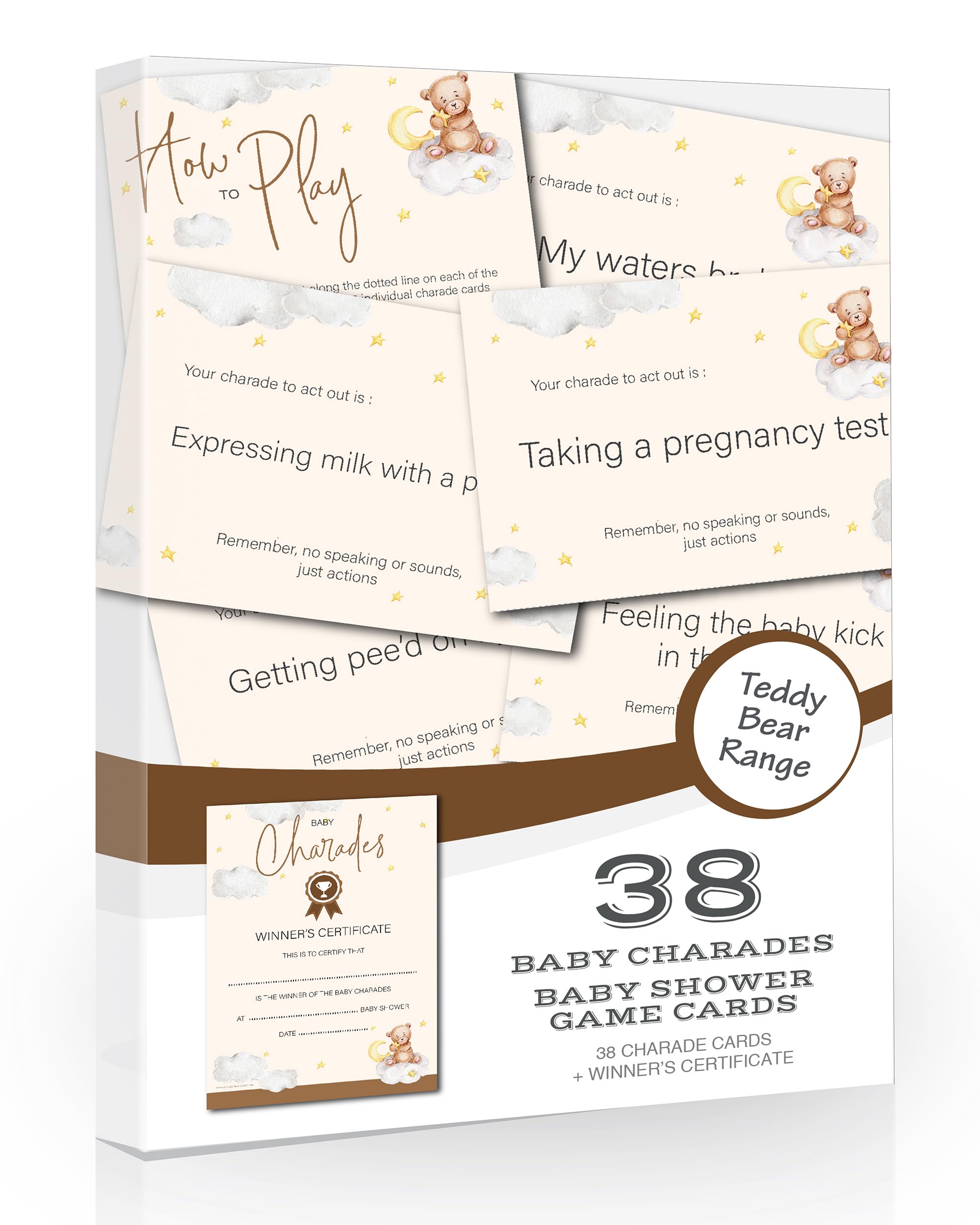 Olivia Samuel Baby Shower Charades Game with Winner Certificate – Includes 38 Charades – Unisex – Made in the UK