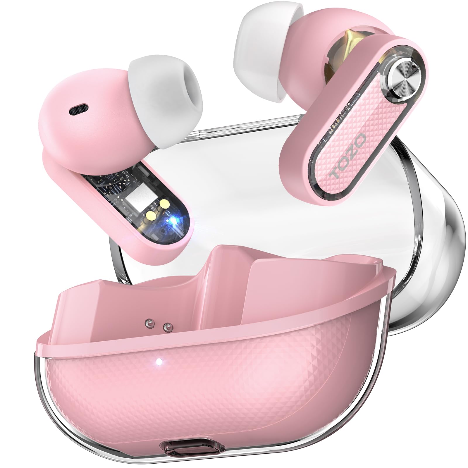 TOZO Crystal Pods Headphones Wireless Bluetooth 5.4 Bluetooth Headphones, Hybrid Active Noise Cancelling Headphones, Dual Microphones ENC AI Clear Call, 35 Hours Playtime, App, IPX5 Waterproof - Pink