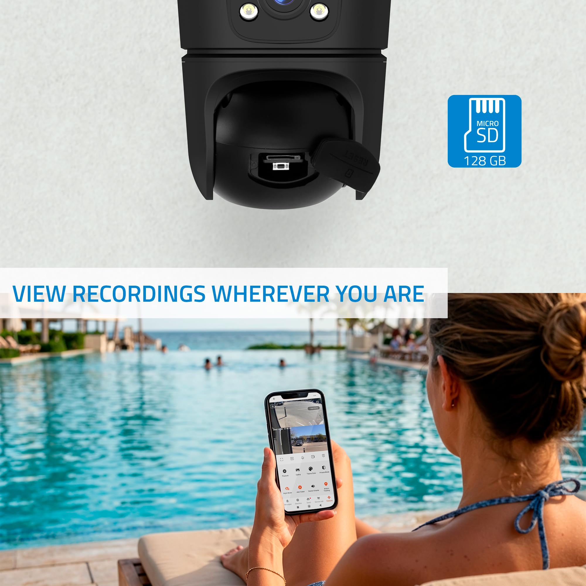 NIVIAN Cámara Vigilancia Exterior WiFi Dual 3MP SuperHD 2K con Doble Lente – Sin Ángulos Muertos, Seguimiento Automático IA, Audio Bidireccional, IP65, Control App Tuya (Negra)
