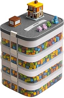 KRUZZEL Boîte de rangement pour briques de construction 29L avec poignée et séparateurs - Boîte à empiler transparente sur 4 niveaux pour jouets et fournitures scolaires pour enfants