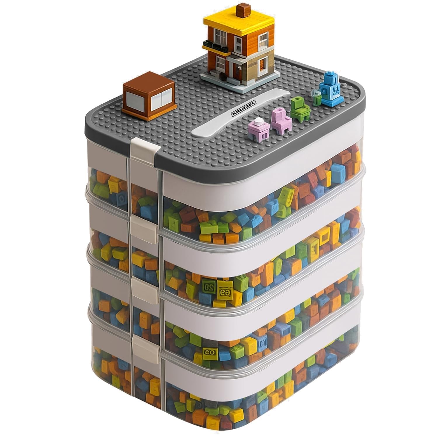 KRUZZEL Bausteine Aufbewahrungsbox 29L mit Griff & Trennwänden – 4 Etagen Stapelbox Transparent für Spielzeug & Schulbedarf Kinder