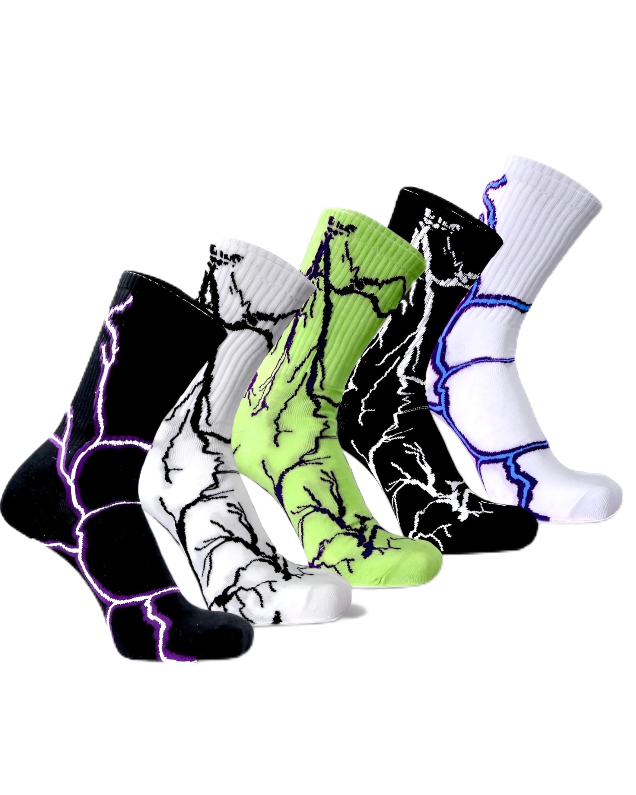 Lightning Pattern Athletic Crew Socks, Multicolor Black White Green, Comfort Cushioned Cotton Blend, 5 Pack