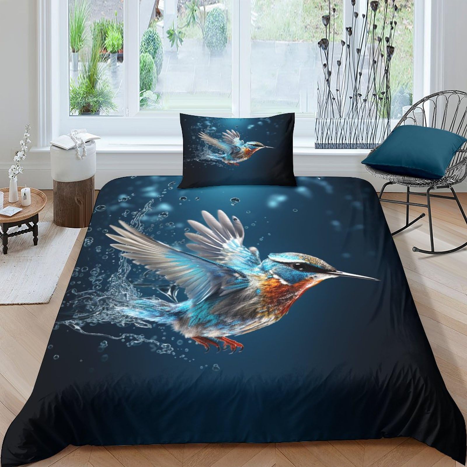 GPARSDDIO Kingfisher Duvet Cover 3 PCS Hotel Quality Quilt Cover Bedding Bed Covers with Pillowcases with Zipper Closure Hypoallergenic Soft Breathable Microfiber Single（135x200cm）