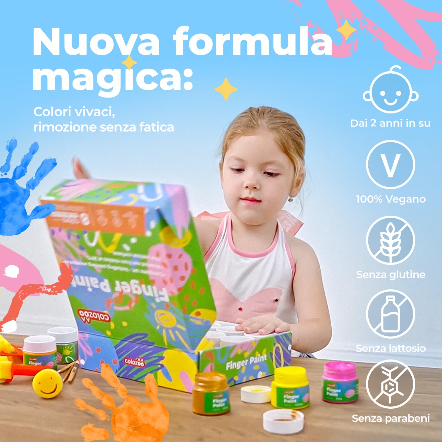 colozoo Colori a Dita per Bambini Atossici Inc. accessori | Tempere Lavabili per Bambini 8x100ml Colori Inc. Oro e argento | Senza Parabeni, Glutine e Lattosio, a Base D'acqua, Vegano