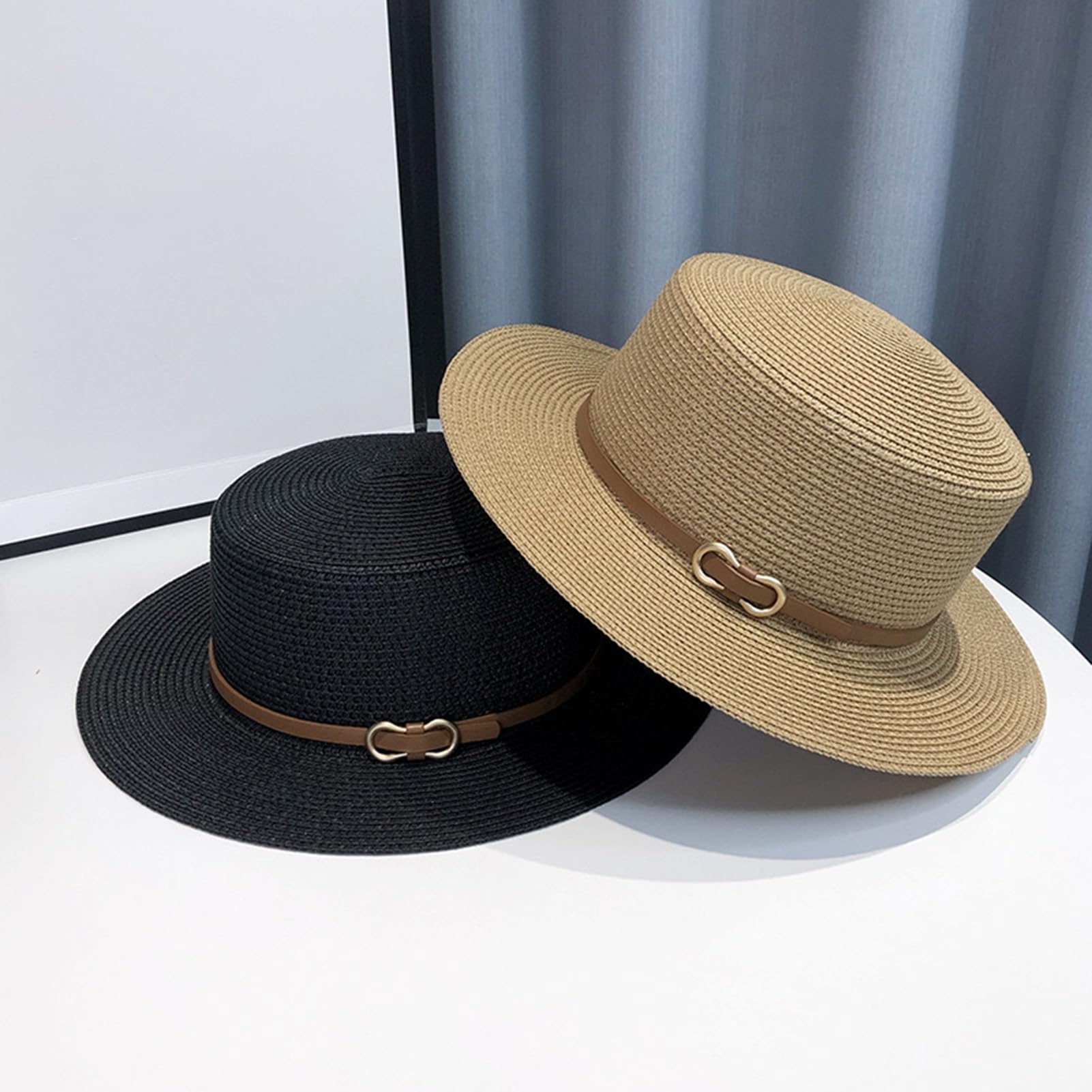Cappello Panama per uomo e donna, a tesa larga, con parte superiore piatta, stile francese, con fibbia in finta pelle, protezione UV, cappello da spiaggia