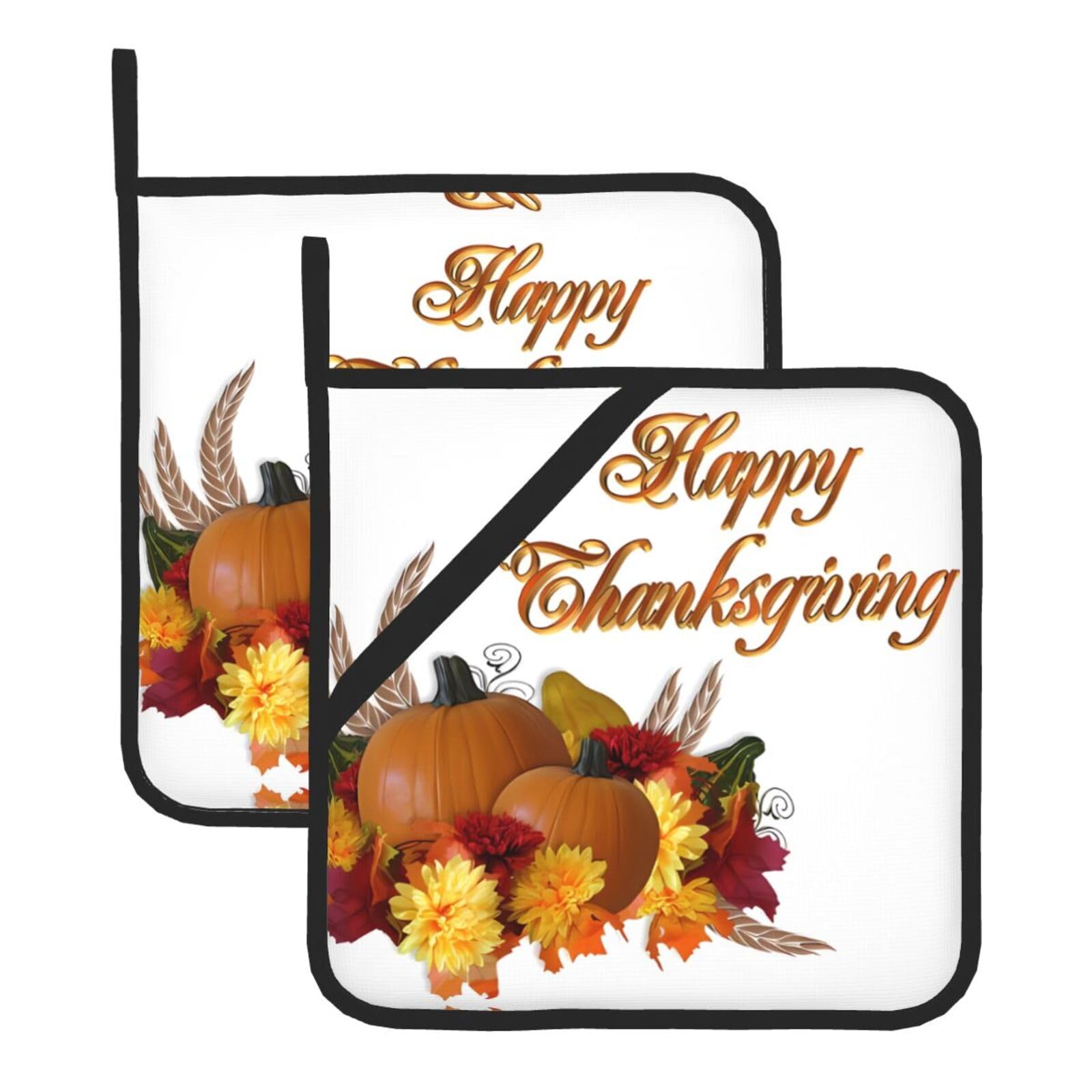 YYHWHJDE Thanksgiving Prints Square Hot Pads for Kitchen Counter - Waterproof Pot Holders with Hanging Loop, Durable Trivets for Microwave Oven - 2 Pack