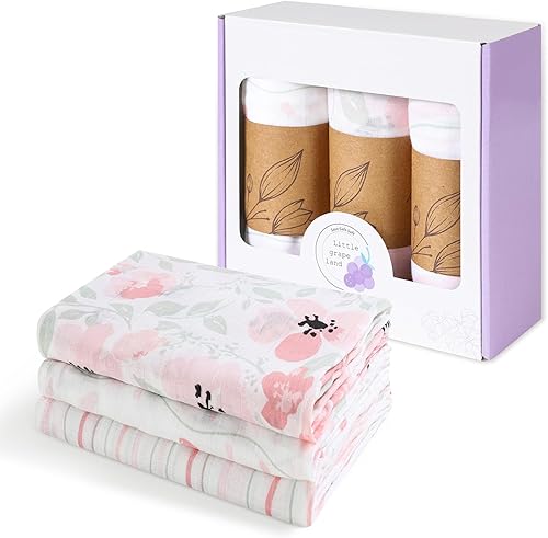Little Grape Land Juego de 3 mantas de muselina para recién nacidos y bebés, 100% algodón, suaves mantas transpirables para bebé, 47 x 47 pulgadas,