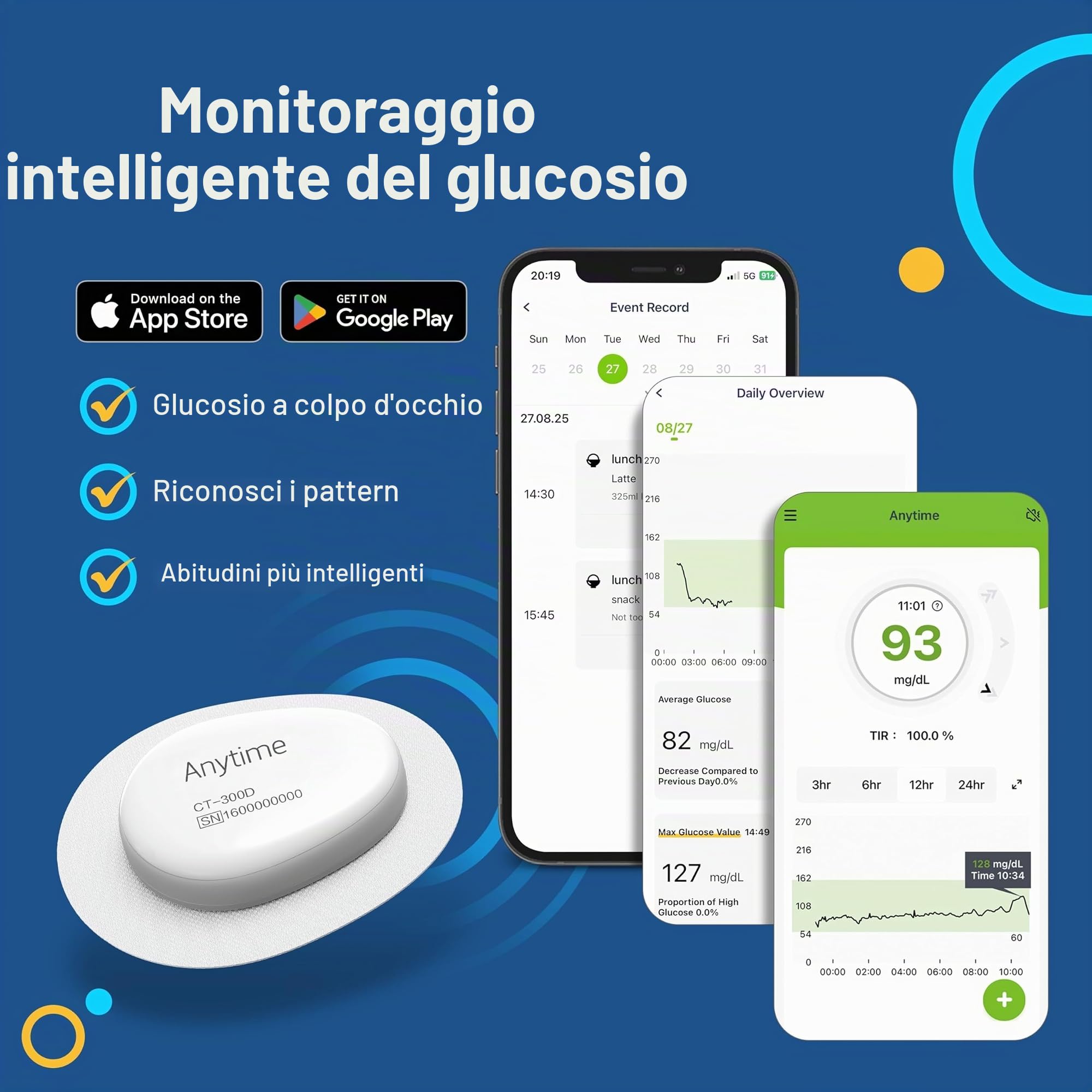 Connect Sistema di Monitoraggio Continuo del Glucosio – Trasmettitore e 2 Sensori (28 Giorni) | Glucometro Senza Puntura con Avvisi Intelligenti e Condivisione Dati