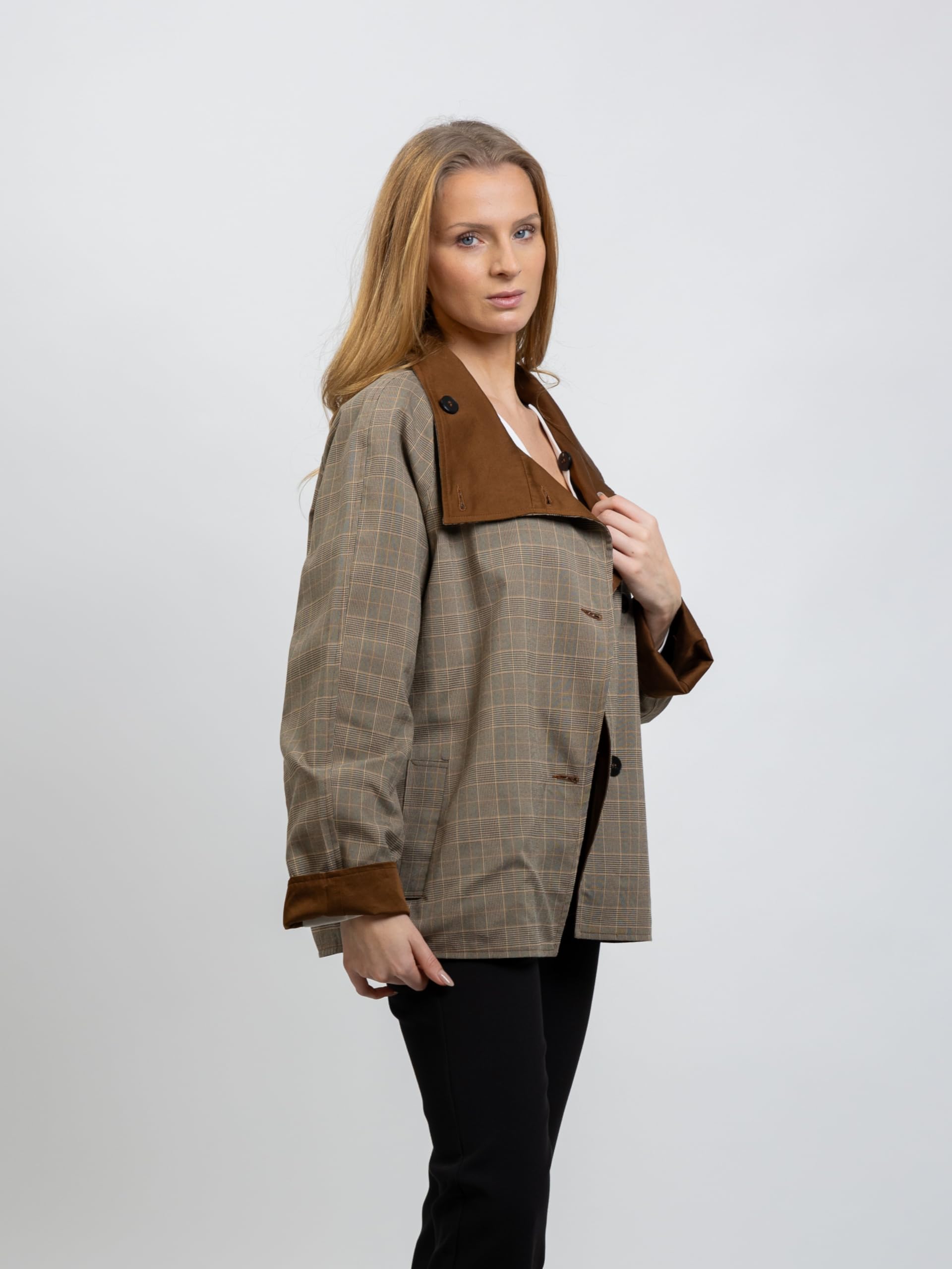 Trench corto reversible para mujer, diseño de cuadros y liso, cuello alto, color marrón
