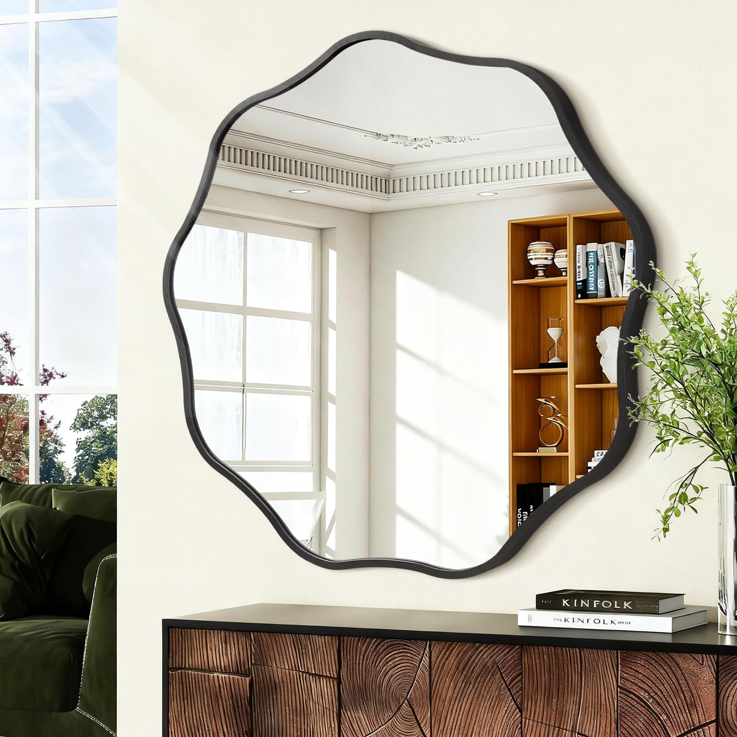 HLFMVWE Black Round Wavy Wall Mirror, Large 70CM Circle Mirror with Modern Metal Frame for Bathroom Living Room Bedroom Entryway Hallway Home Decor